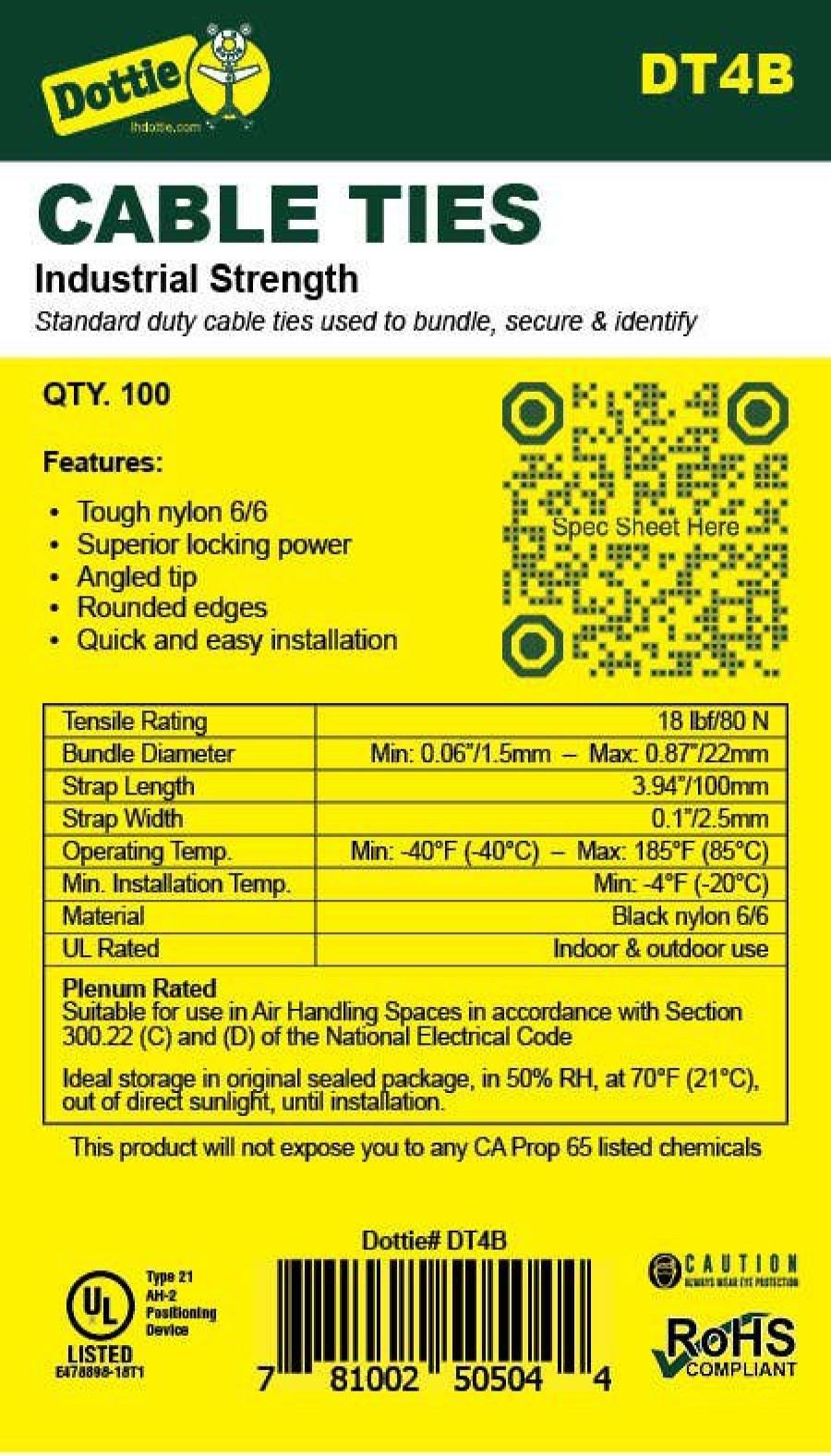 Chemicals & Tapes Dottie | 4'' Uv Black Standard Duty Cable Tie