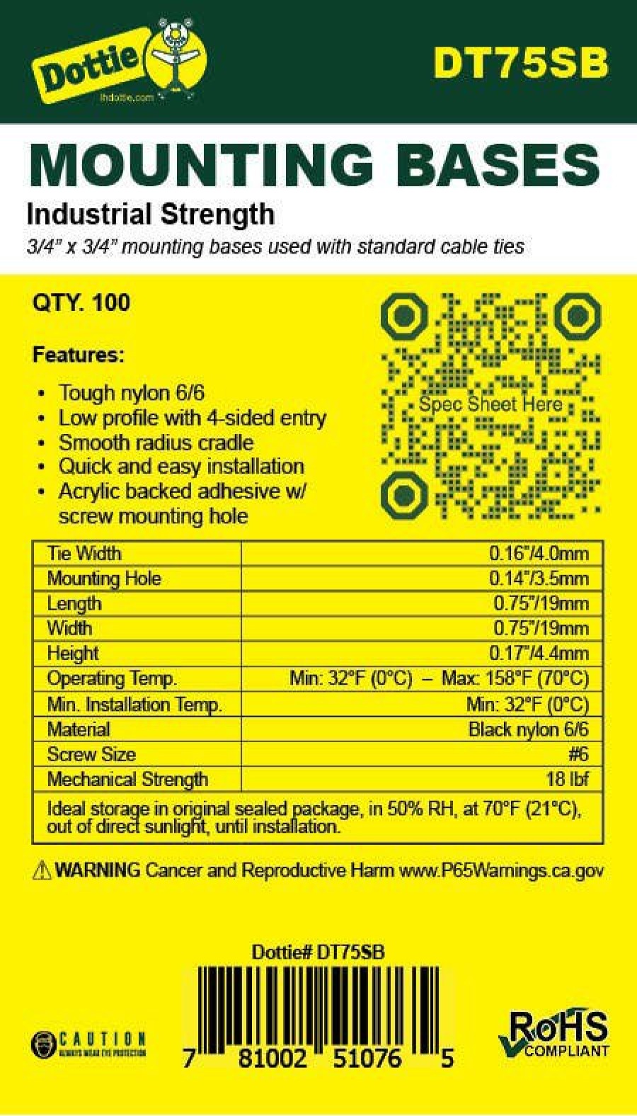 Chemicals & Tapes Dottie | 3/4'' X 3/4'' Uv Black Cable Tie Mounting Base