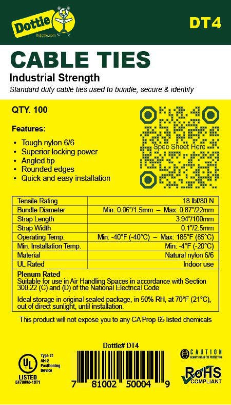 Chemicals & Tapes Dottie | 4'' Natural Standard Duty Cable Tie